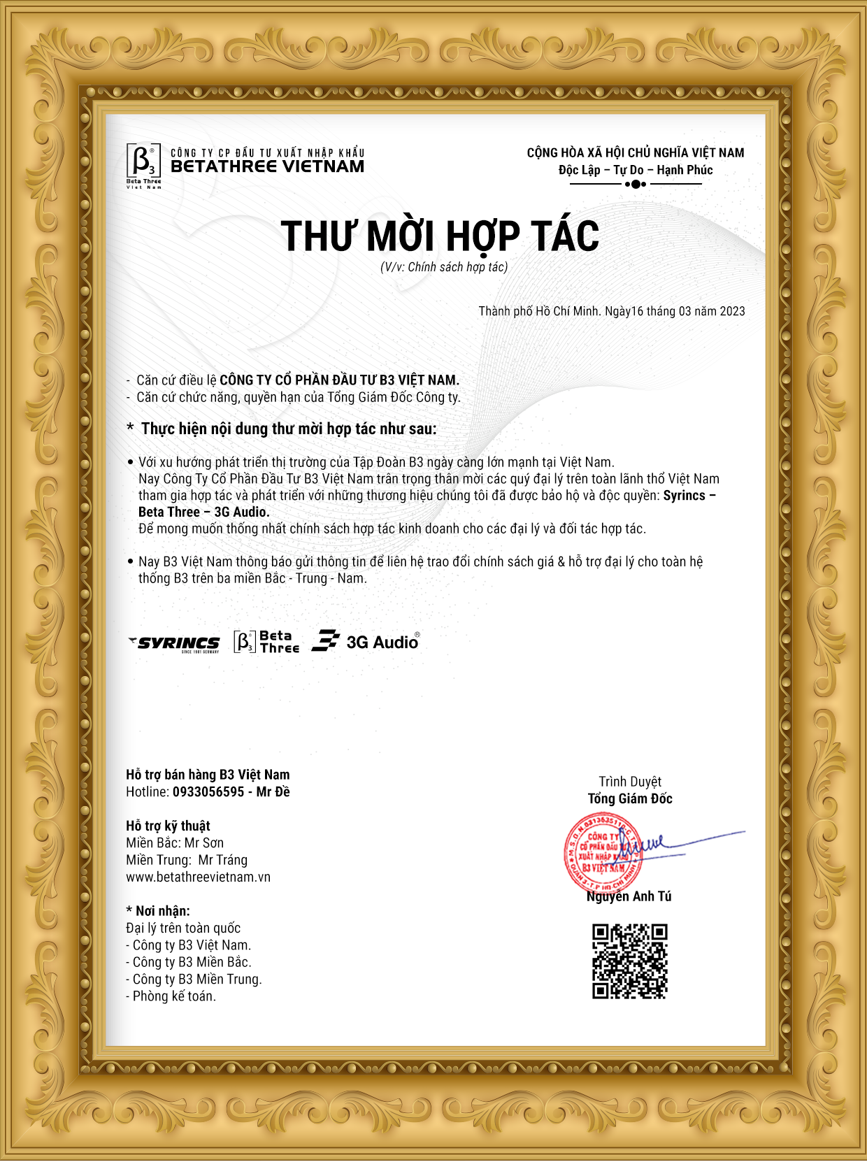 Thư mời hợp tác phân phối loa âm thanh từ B3 Việt Nam